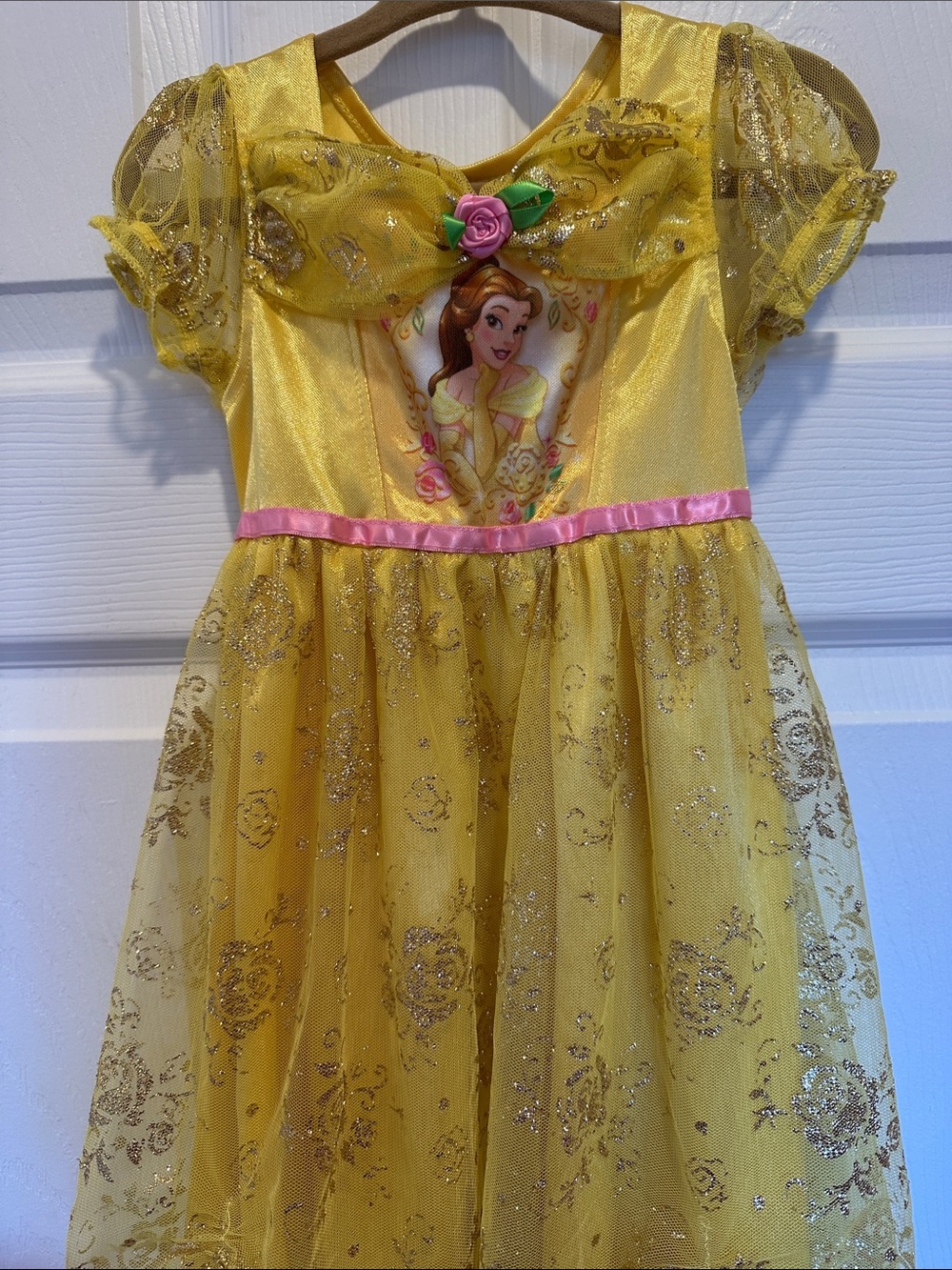 Disney Yellow Belle-Inspired Princess Costume Dress with Pink Ribbon